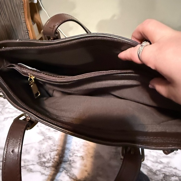 Gray and Brown Satchel with Structured Design and Leather Handles - Picture 6 of 9